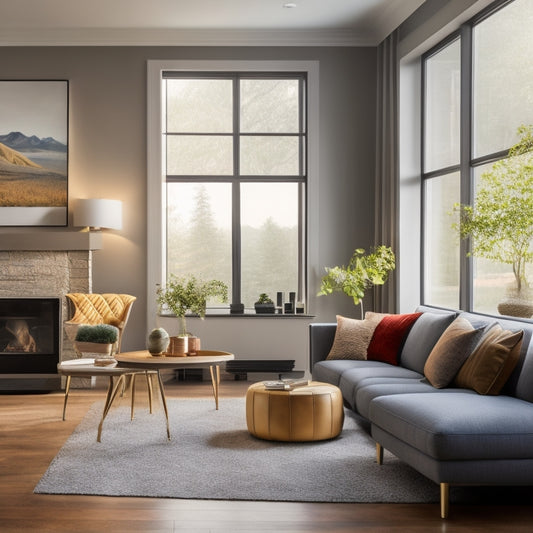 An elegant living room featuring a sleek smart thermostat mounted on the wall, surrounded by modern furnishings, large windows letting in natural light, and a cozy atmosphere, emphasizing energy efficiency and comfort.
