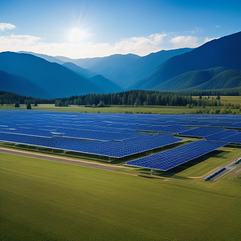 Aerial view of a large commercial solar array on a sunny day, with neatly arranged rows of dark blue photovoltaic panels at varying angles, surrounded by greenery and a distant mountain range.