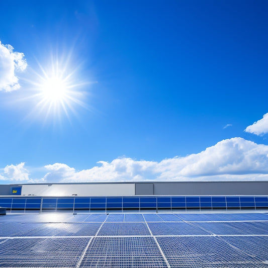 A bright blue sky with a few puffy white clouds, a large industrial building with a rooftop covered in sleek, black solar panels, and a subtle graph pattern in the background.