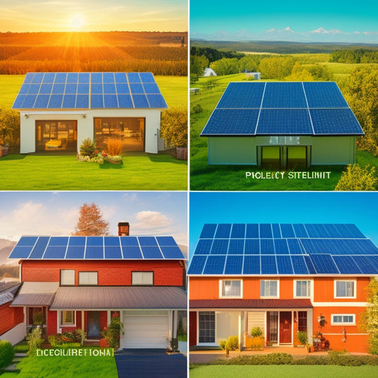 An illustration depicting a split-screen comparison of various solar panel types (monocrystalline, polycrystalline, thin-film) with corresponding price tags and background images of residential rooftops, farms, and industrial settings.