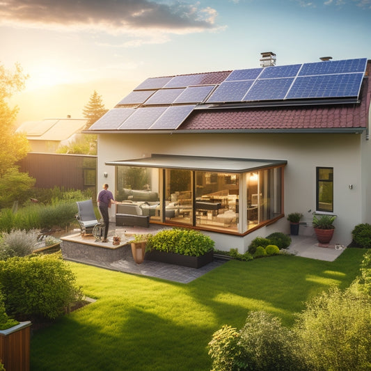 A modern home with rooftop solar panels being installed, complete with tools, ladders, and an electrician in overalls. Sunlight beams down, highlighting the panels and the lush green garden surrounding the house.