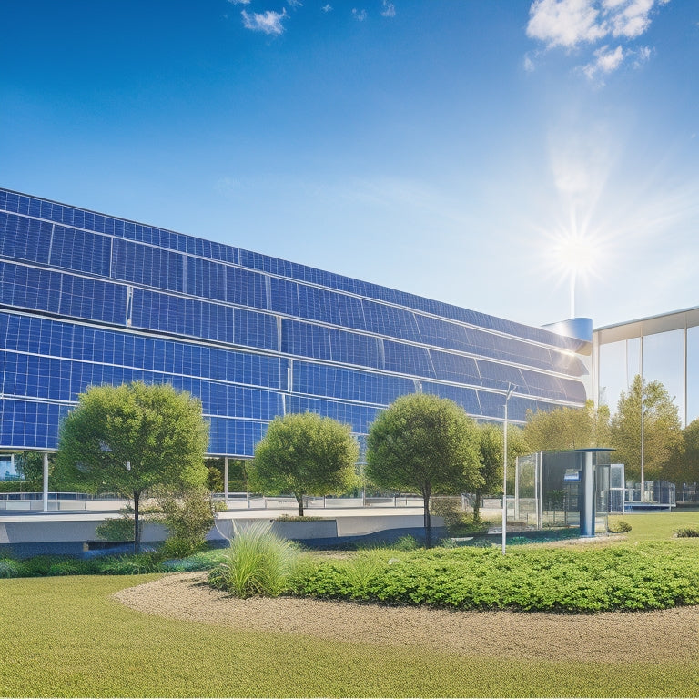 A modern corporate building adorned with solar panels and vertical gardens, surrounded by wind turbines and electric vehicle charging stations, under a clear blue sky, showcasing sustainable energy technologies in a vibrant urban landscape.
