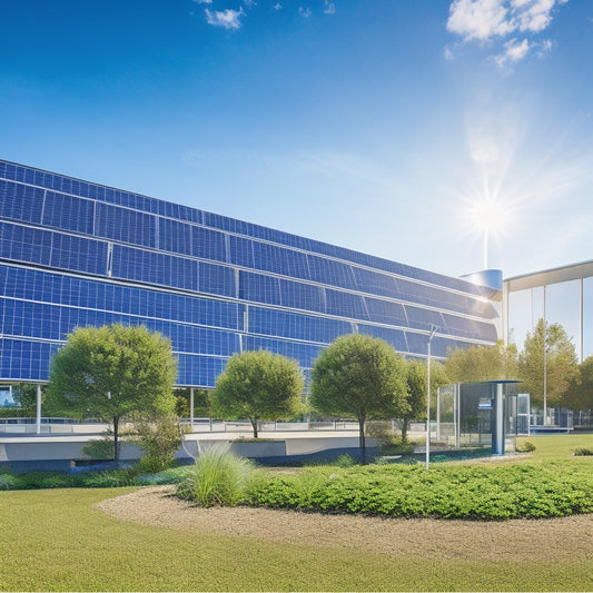 A modern corporate building adorned with solar panels and vertical gardens, surrounded by wind turbines and electric vehicle charging stations, under a clear blue sky, showcasing sustainable energy technologies in a vibrant urban landscape.