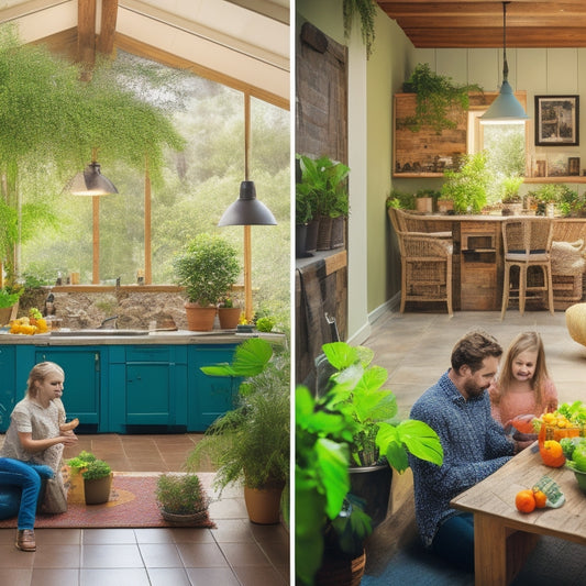 A cozy, eco-friendly home interior with solar panels on the roof, energy-efficient appliances, a compost bin, indoor plants, and a family engaging in recycling, surrounded by natural light and greenery.