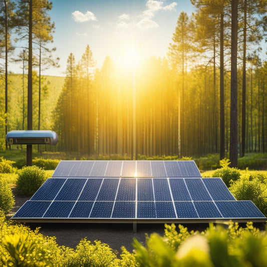 A vibrant, futuristic solar panel array glistens under a bright sun, surrounded by lush greenery. Nearby, a sleek digital dashboard displays performance metrics, with arrows indicating optimization strategies and graphs illustrating energy efficiency.