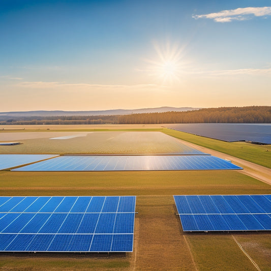 A serene landscape featuring a sprawling industrial solar farm with rows of sleek, silver panels angled towards a vibrant blue sky, surrounded by lush greenery and a faint, misty horizon.