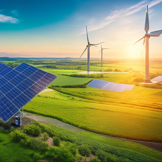 A vibrant green landscape featuring solar panels and wind turbines, with diverse businesses in the foreground. Illustrate a financial chart overlay with upward trends, symbolizing growth in green energy investments.