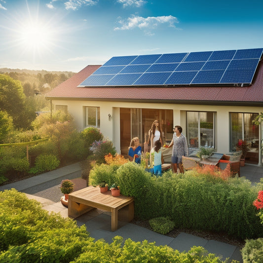 A vibrant rooftop covered in solar panels basking in sunlight, surrounded by lush greenery, with a digital meter showing decreasing energy costs, while a family enjoys their garden in the background, symbolizing sustainability and savings.
