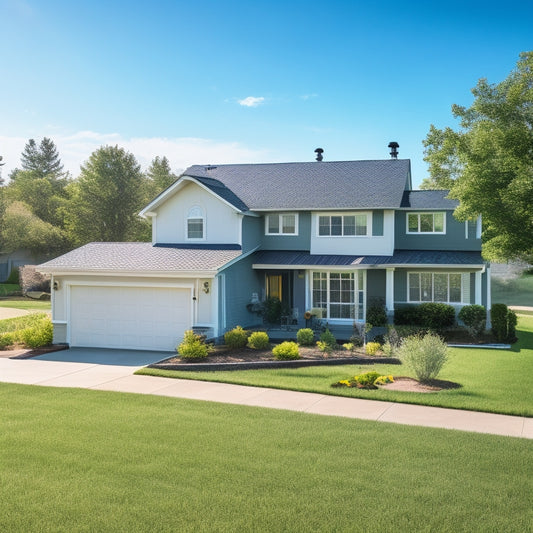 A bright, sunny day with a modern suburban home in the center, solar panels installed on the roof, and a few dollar bills scattered around the lawn, with a slight shadow of a piggy bank.