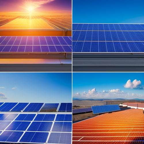 A vibrant rooftop landscape showcasing various solar panel brands, each with distinct designs and colors. Bright sunlight casts shadows, while efficiency metrics visually represented by glowing bars or icons hover above each panel.