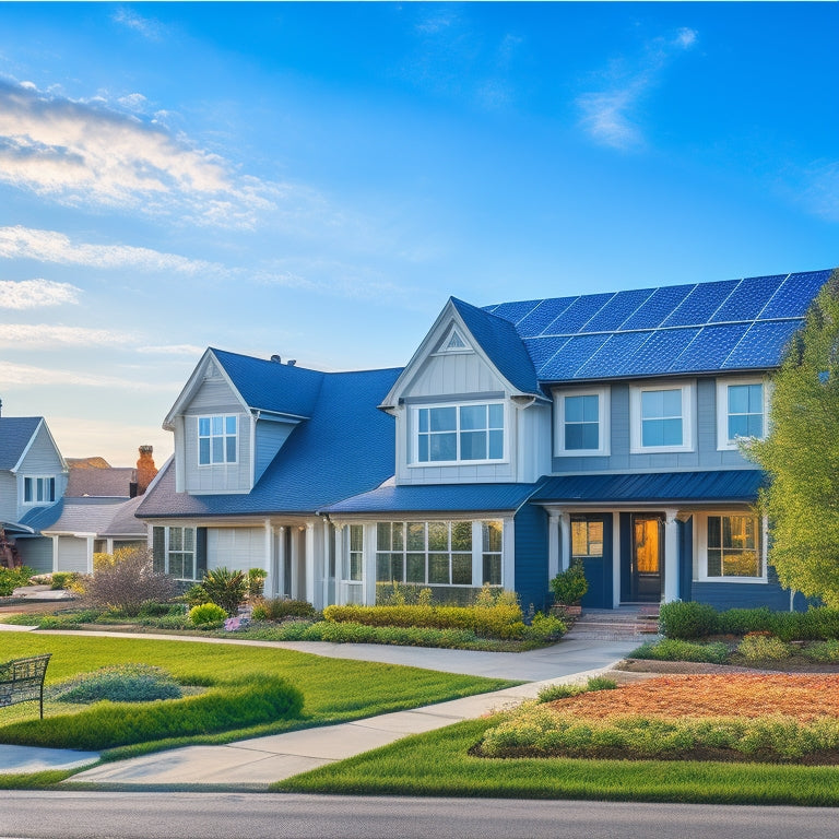 A serene residential neighborhood with a mix of traditional and modern homes, showcasing a prominent house with sleek, black solar panels seamlessly integrated into its rooftop, amidst a bright blue sky with fluffy white clouds.