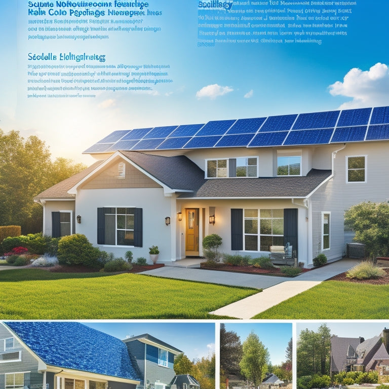 A sun-drenched suburban neighborhood, showcasing modern homes with solar panels on rooftops, vibrant gardens, and smiling families enjoying their outdoor spaces, with a bright blue sky and solar incentives infographic subtly integrated into the clouds.