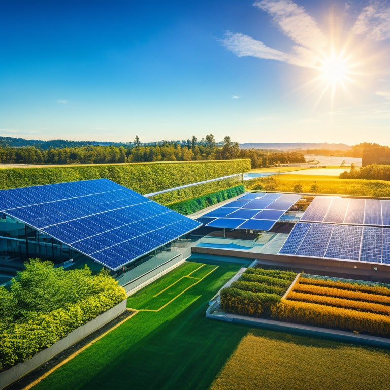 A panoramic view showcasing sleek, modern commercial buildings with rooftops covered in large, efficient solar panels under a bright blue sky, with clean, reflective surfaces and lush green landscaping around the structures.