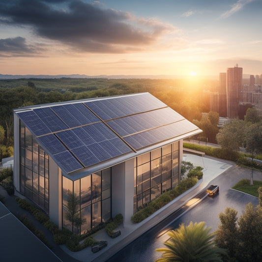 A modern office building with sleek, silver solar panels seamlessly integrated into its rooftop, surrounded by lush greenery and a bustling cityscape at sunset.