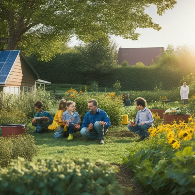 A serene family in a sunlit garden, gathering vegetables from a lush, organic garden, surrounded by solar panels and a wind turbine, with children playing nearby and a compost bin in the background.