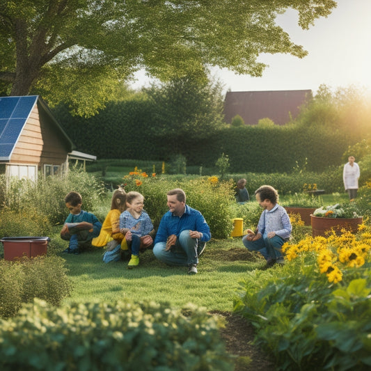 A serene family in a sunlit garden, gathering vegetables from a lush, organic garden, surrounded by solar panels and a wind turbine, with children playing nearby and a compost bin in the background.