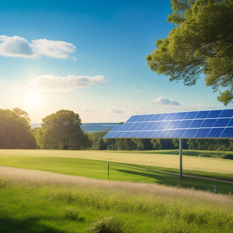 A serene landscape with a modern, sleek, and silver solar panel array installed on a rolling green hill, surrounded by lush trees and a bright blue sky with a few wispy clouds.