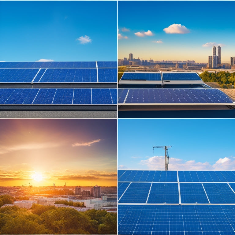 A split-screen image featuring 5 distinct solar panels with varying sizes, shapes, and mounting systems, set against a contrasting blue sky with fluffy white clouds and a subtle cityscape in the background.