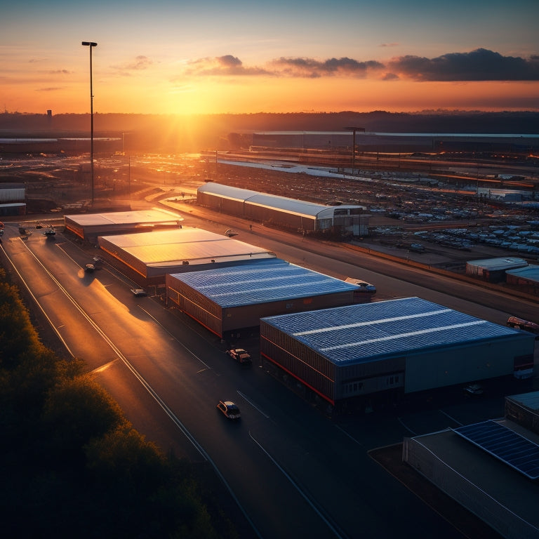 A sunrise-lit industrial landscape with solar panels installed on rooftops and in parking lots, surrounded by factories, warehouses, and office buildings, with a subtle glow effect on the panels.