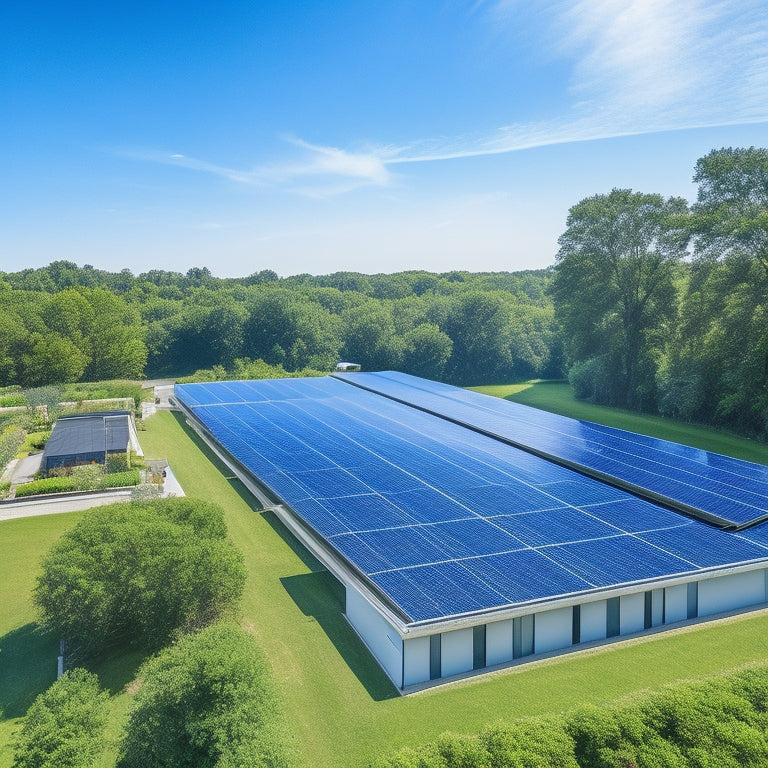 A serene aerial view of a commercial building with a sleek, dark-blue solar panel array covering the rooftop, surrounded by lush greenery and a bright blue sky with a few wispy clouds.