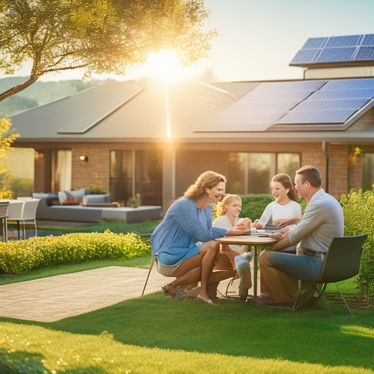 A bright sun shining over a modern home with solar panels, lush green surroundings, a calculator and tax forms on a table, and a family happily discussing finances outdoors, symbolizing solar tax benefits.