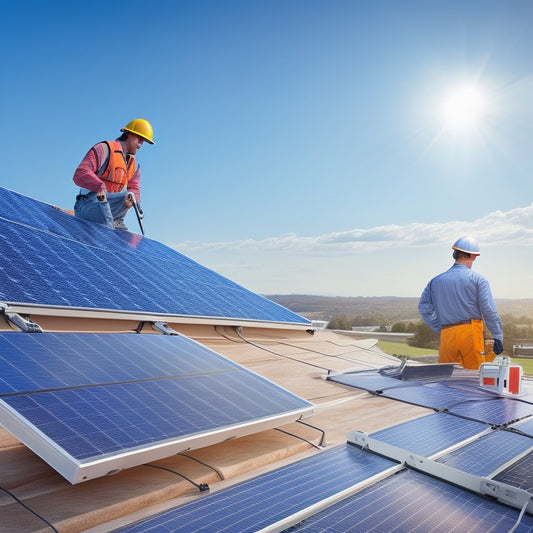 A photorealistic illustration of a residential rooftop with solar panels installed, showcasing a person in a hard hat and vest connecting wires, with a toolbox and ladder nearby, amidst a sunny blue sky.