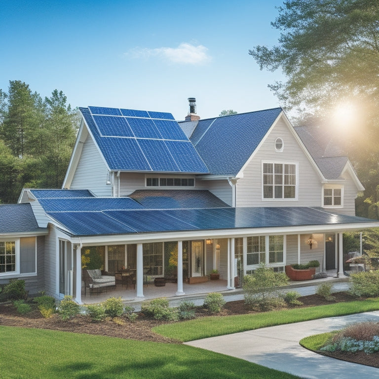 A serene suburban home with a mix of sunny and shaded areas, featuring various solar panel arrays on the roof, with different sizes, angles, and installations (clipped, tilted, and flat).