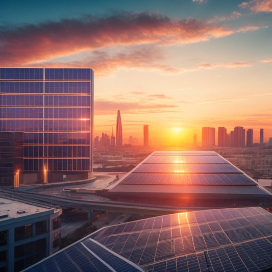 A futuristic cityscape at sunset with a large, modern commercial building in the foreground, its rooftop covered in sleek, black solar panels, with a subtle grid pattern and slight reflections.