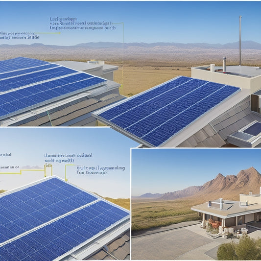 A split-screen image featuring a rooftop with installed solar panels on one side and a detailed, layered diagram of the components (mounting system, inverters, panels, wiring) on the other, with arrows connecting the two.