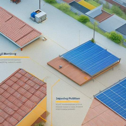 An illustration of a rooftop with three distinct sections, each showcasing a step in the DIY solar panel installation process: measuring and marking, drilling and mounting, and connecting and testing.