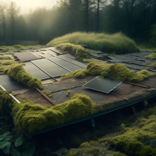 A cracked and damaged roof with solar panels, overgrown with moss and weeds, surrounded by broken tiles and rusty metal frames, with a faint, eerie mist in the background.