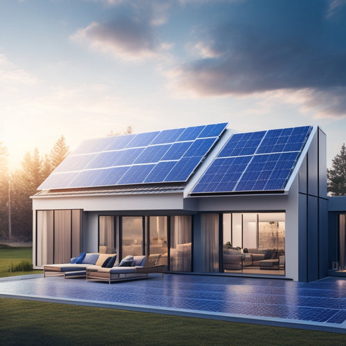 An illustration depicting a modern, eco-friendly home with various solar panels on the rooftop, showcasing monocrystalline, polycrystalline, and thin-film panels in a stylized, futuristic design.