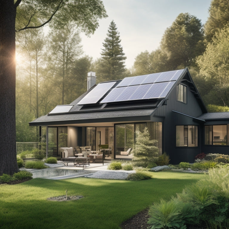 A serene suburban home with a pitched roof, surrounded by lush greenery, features a series of sleek, black solar panels installed at an angle, with a few panels slightly ajar, showcasing the inner mechanisms.