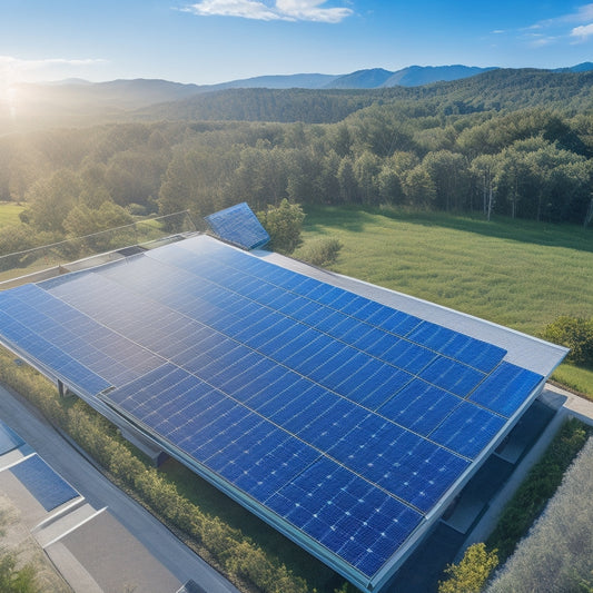 An aerial view of a sleek, modern rooftop with a mosaic of high-efficiency solar panels in varying sizes and angles, surrounded by a lush green landscape and a clear blue sky.