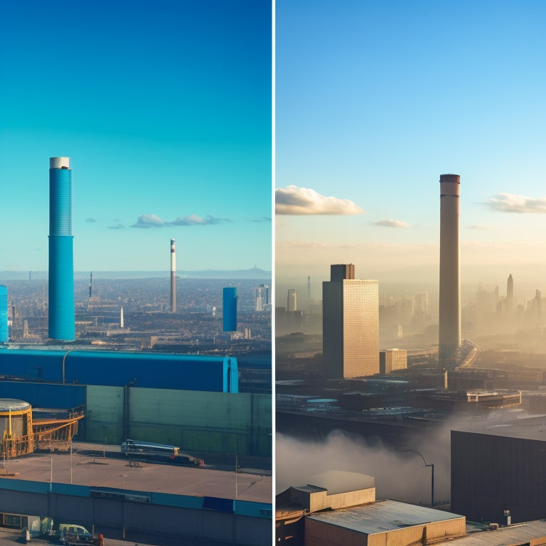 A split-screen image featuring a polluted, smog-filled cityscape with dark clouds and industrial smokestacks on one side, and a clean, green, solar-paneled rooftop with a bright blue sky on the other.