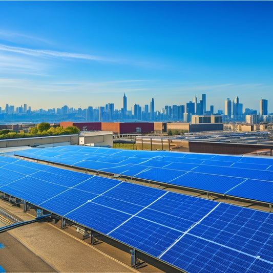 A sunny industrial rooftop with a grid of sleek, black solar panels, surrounded by cityscape and blue sky, with a subtle hint of electrical wiring and mounting systems in the foreground.