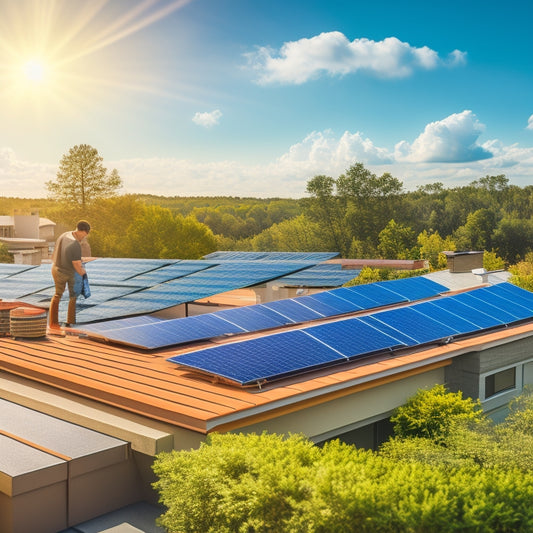 A vibrant rooftop scene showcasing solar panels being installed, with tools scattered around, a calculator and charts illustrating cost savings, and sunlight glinting off the panels, surrounded by lush greenery.