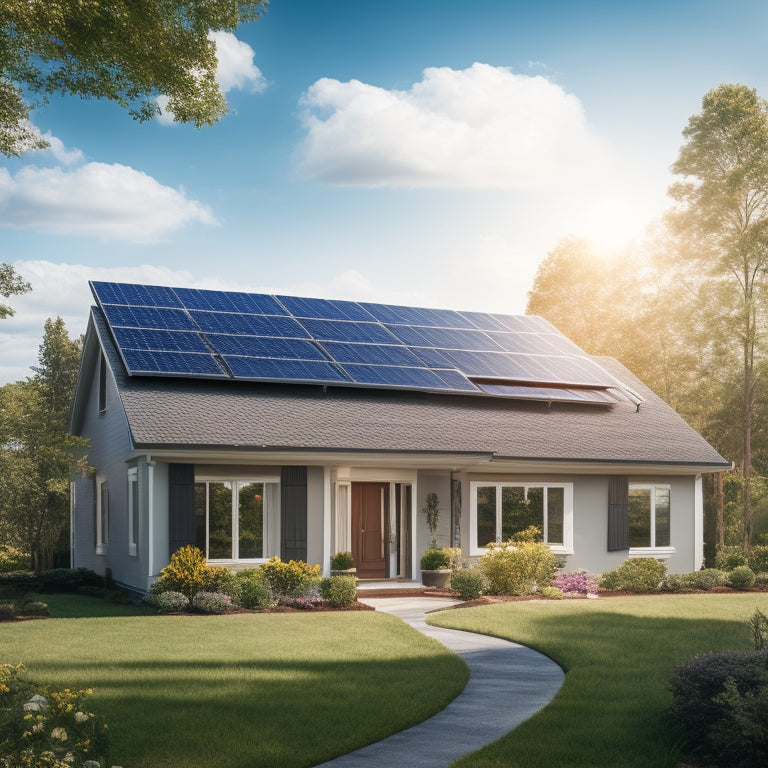 A serene suburban home with a sleek, black solar panel array on the roof, surrounded by lush greenery, with a bright blue sky and fluffy white clouds in the background.