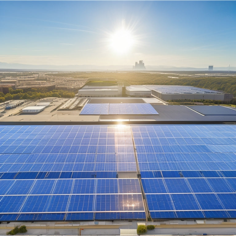 Aerial view of a large commercial building with a sleek, modern rooftop covered in rows of shiny, black solar panels, surrounded by city skyscrapers and a bright blue sky with fluffy white clouds.