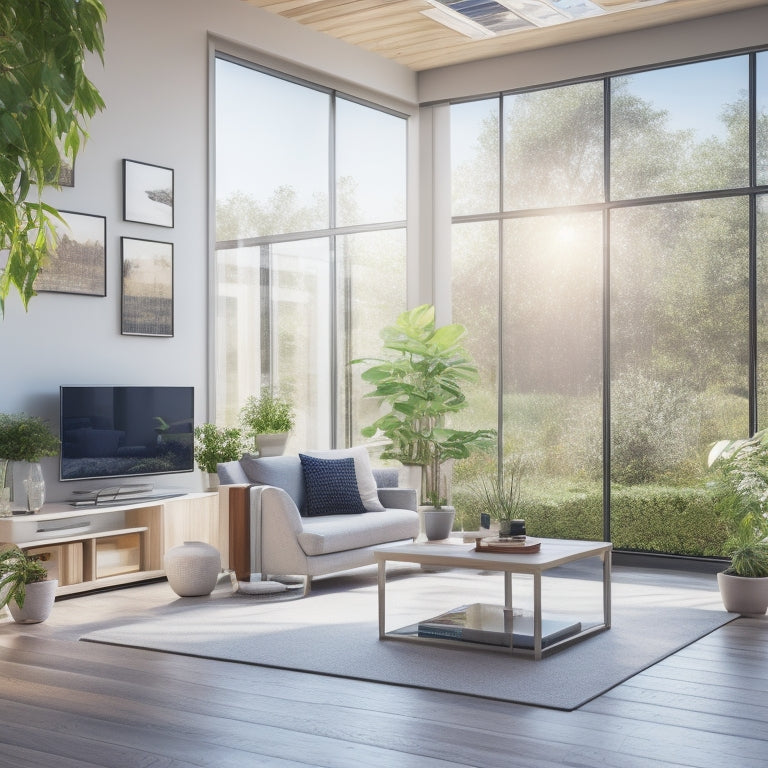 A modern living room with solar panels visible through large windows, smart devices controlling home energy, a sleek tablet displaying energy data, and vibrant green plants symbolizing sustainability and harmony with technology.