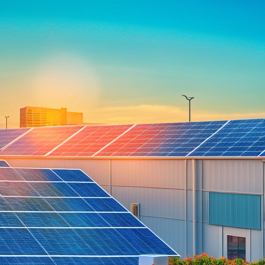 An illustration of a commercial building with solar panels installed on the rooftop, with a subtle grid of monetary symbols ($) and percentage signs (%) overlaying the panels, surrounded by a subtle graph pattern in the background.