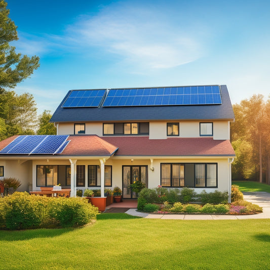 A serene suburban home with a newly installed solar panel system on its rooftop, surrounded by lush greenery and a clear blue sky with a few puffy white clouds.