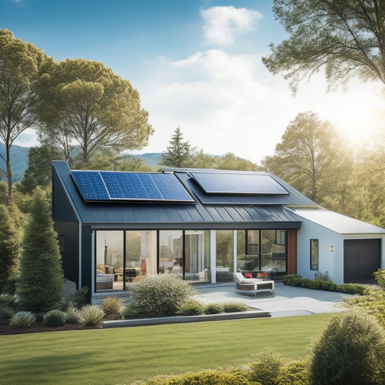 A serene suburban home with a sloping roof, covered in a mix of sleek black and silver solar panels, surrounded by lush greenery, under a bright blue sky with a few wispy clouds.