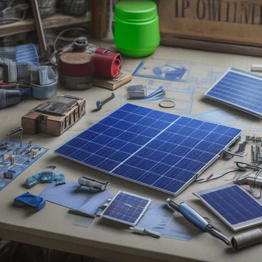 An illustration of a workshop with a partially assembled solar panel, tools scattered around, and a blueprint in the background, surrounded by wires, circuit boards, and photovoltaic cells.