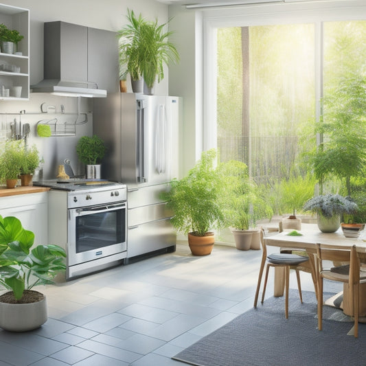 A bright, sunlit kitchen featuring sleek energy-efficient appliances like a stainless steel refrigerator, a modern induction cooktop, and a smart washing machine, all surrounded by potted plants and solar panels visible through a window.