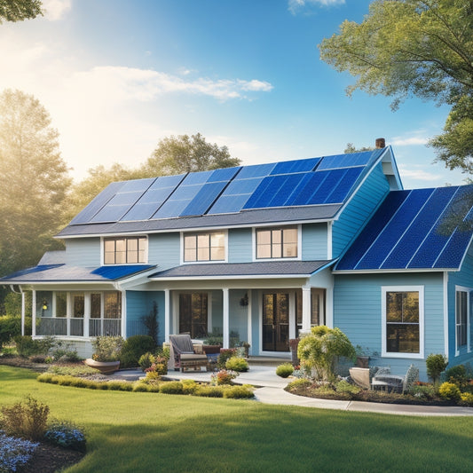 A serene suburban home with a pitched roof, surrounded by lush greenery, featuring a varied arrangement of 15-20 solar panels in shades of blue and silver, angled for maximum sunlight exposure.