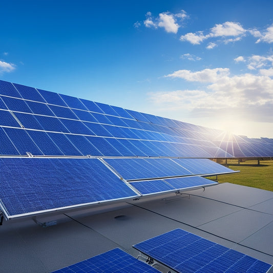 A photorealistic illustration of a solar panel system, featuring a rooftop array of 12 sleek, black panels, connected to a sleek inverter, a monitoring system, and a grid tie, set against a bright blue sky.