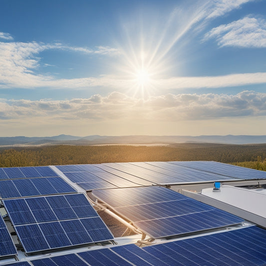 An illustration of a sleek, modern solar panel array on a rooftop, with a silver inverter box in the foreground, surrounded by electrical wires and circuit boards, set against a bright blue sky with fluffy white clouds.