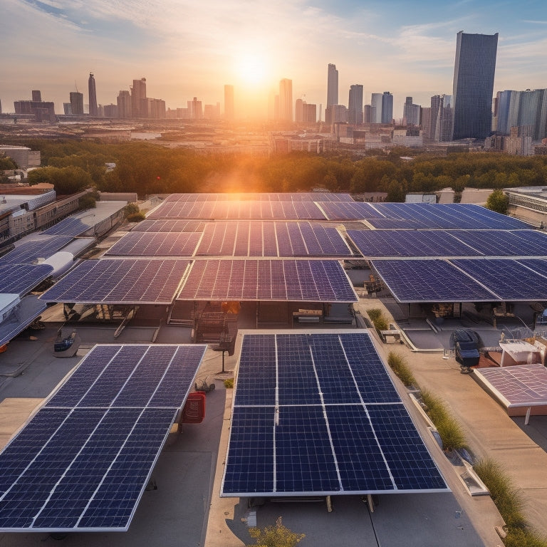 An aerial view of a commercial rooftop with various solar panel arrays, including monocrystalline, polycrystalline, and thin-film panels, amidst HVAC units, vents, and skylights, with a cityscape in the background.