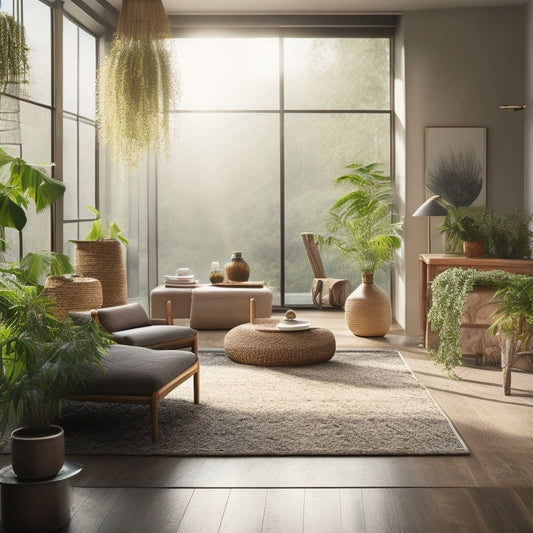 A serene interior scene showcasing bamboo flooring, recycled glass countertops, and natural wool rugs, surrounded by lush indoor plants and large windows allowing sunlight to stream in, highlighting eco-friendly decor and harmonious earthy colors.